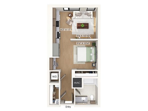 Floor plan for studio, 1 bath, 623 sqft