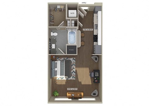 Floor plan for studio, 1 bath, 569 sqft