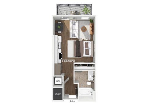 Floor plan for studio, 1 bath, 458 sqft