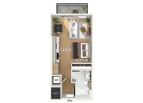 Floor plan for studio, 1 bath, 473 sqft