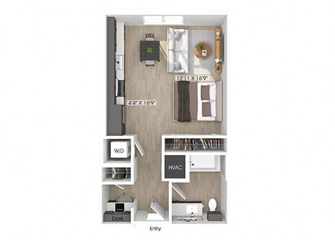 Floor plan for studio, 1 bath, 538 sqft