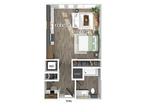 Floor plan for studio, 1 bath, 538 sqft