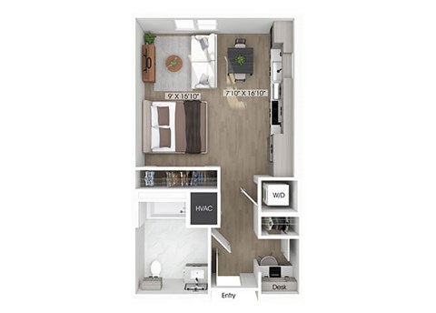 Floor plan for studio, 1 bath, 539 sqft