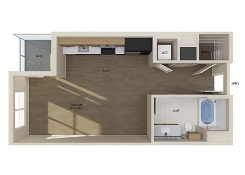Floor plan for studio, 1 bath, 589 sqft