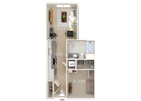 Floor plan for 1 bed, 1 bath, 621 sqft