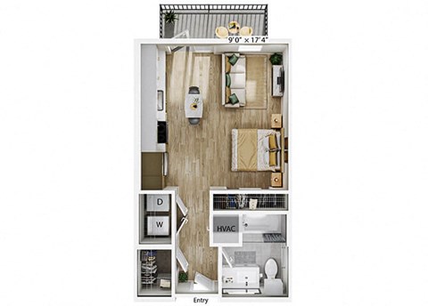 Floor plan for studio, 1 bath, 538 sqft