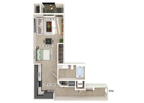 Floor plan for studio, 1 bath, 578 sqft