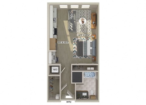 Floor plan for studio, 1 bath, 607 sqft