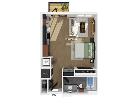 Floor plan for studio, 1 bath, 628 sqft