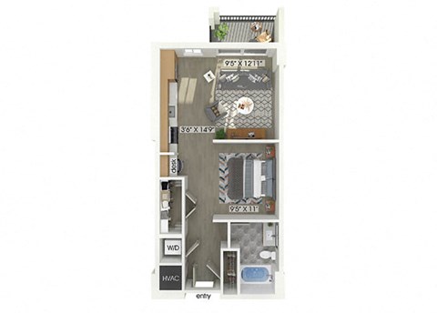 Floor plan for studio, 1 bath, 640 sqft