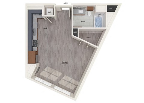 Floor plan for studio, 1 bath, 603 sqft