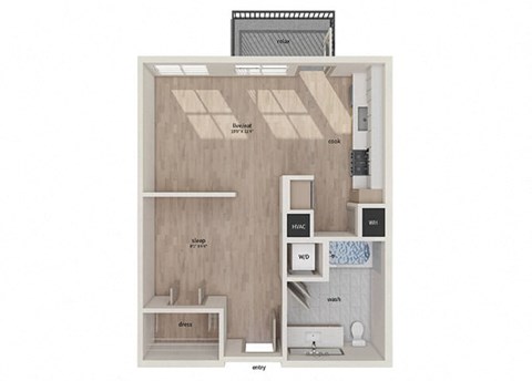 Floor plan for studio, 1 bath, 605 sqft