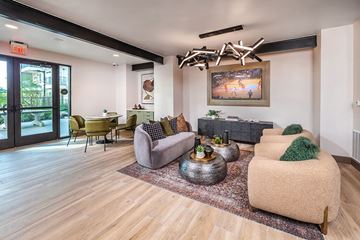 Austin apartment for rent - A living room with a grey couch, a green cushion, a coffee table, and a painting on the wall.