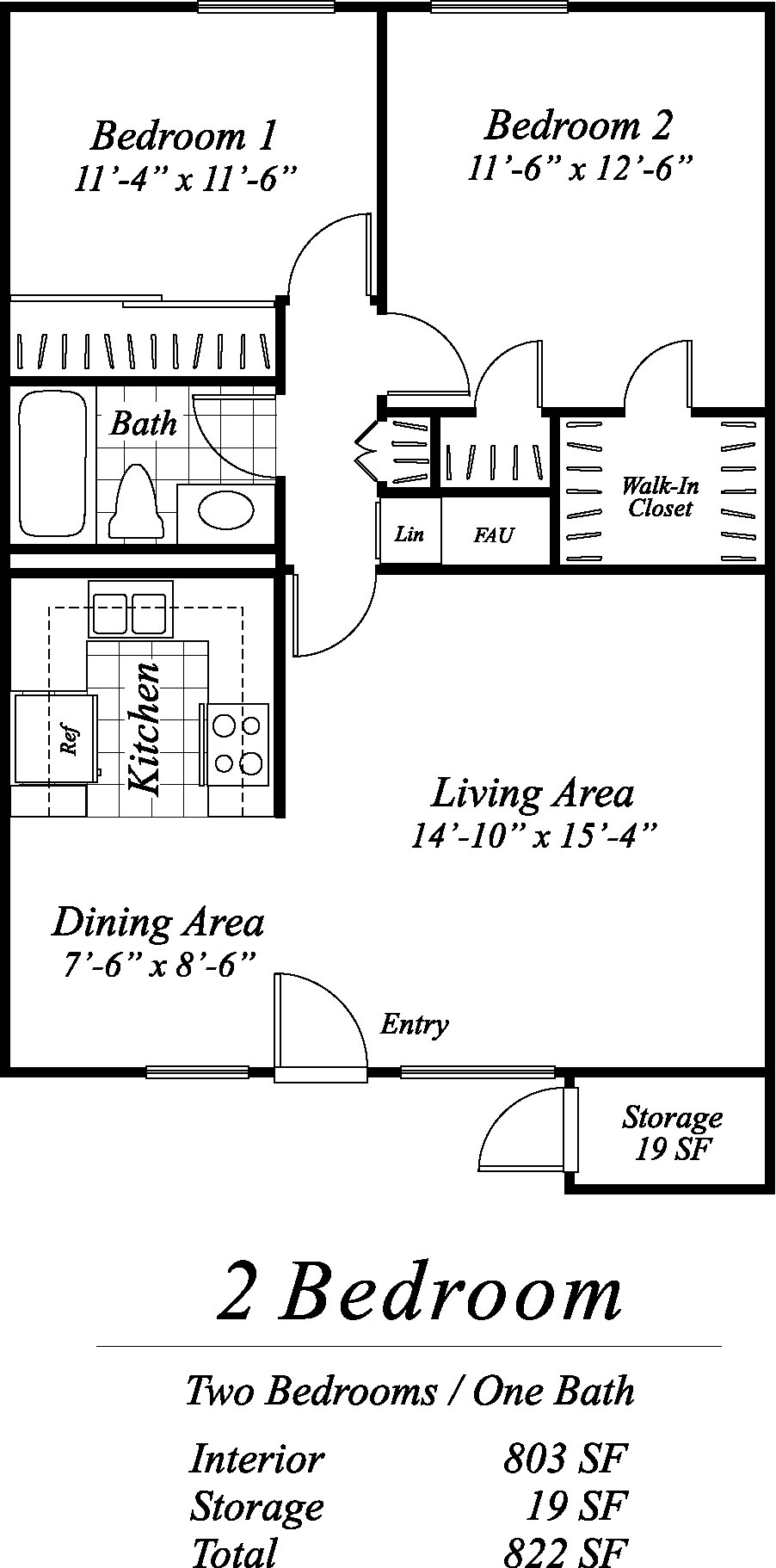 Floor plan for 2 beds, 1 bath, 803 sqft