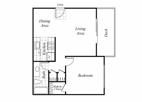 Floor plan for 1 bed, 1 bath, 677 sqft
