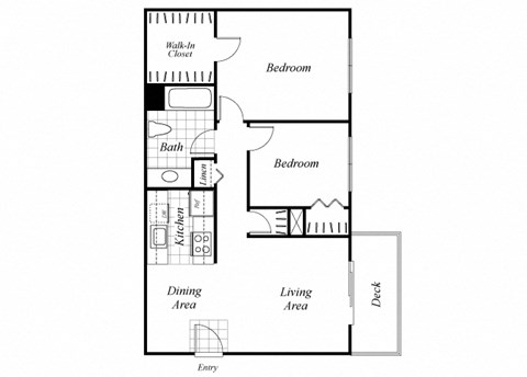 Floor plan for 2 beds, 1 bath, 818 sqft