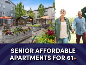 Federal Way apartment for rent - Photo of courtyard with text that reads senior affordable apartments for ages 61 plus