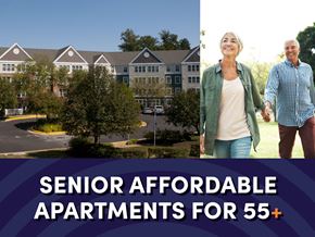 Woodbridge apartment for rent - Photo of a man and a woman walking in front of an apartment exterior with the text senior affordable apartments for ages 55 plus