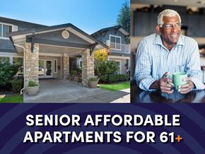 Kirkland apartment for rent - Photo of entrance of leasing office with text that reads senior affordable apartments for ages 61 plus
