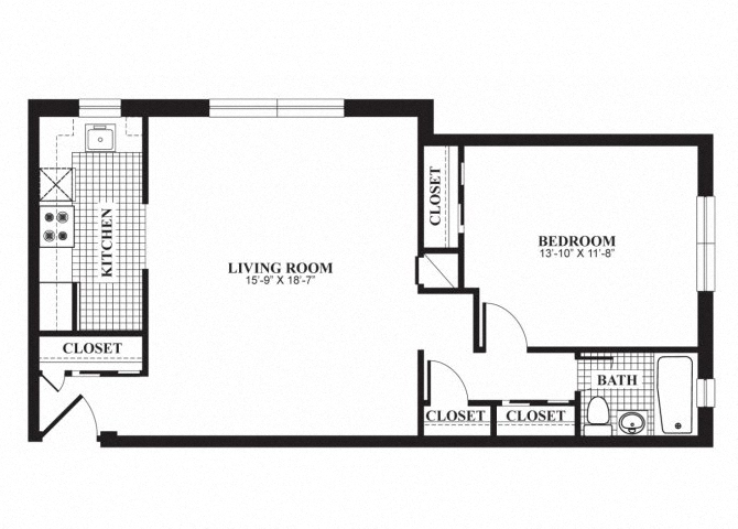 Floor plan for 1 bed, 1 bath, 694 sqft