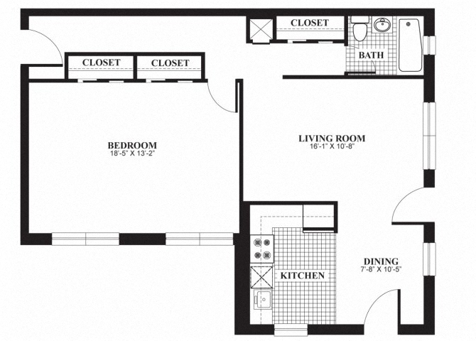 Floor plan for 1 bed, 1 bath, 766 sqft