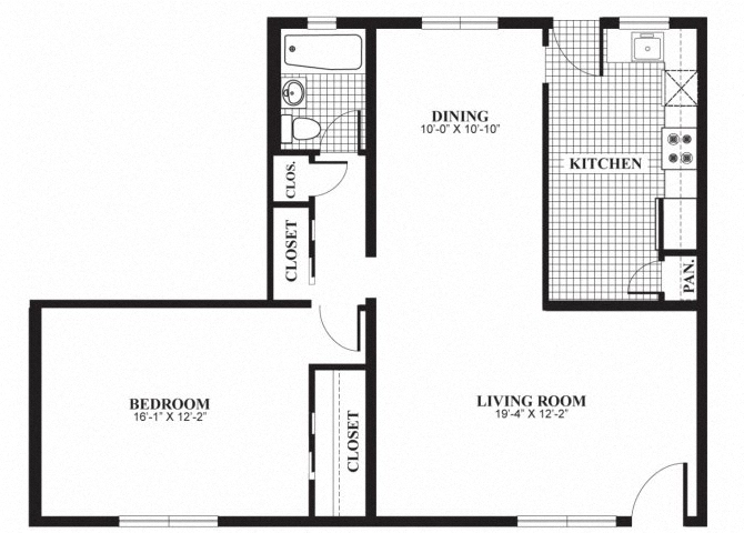 Floor plan for 1 bed, 1 bath, 905 sqft