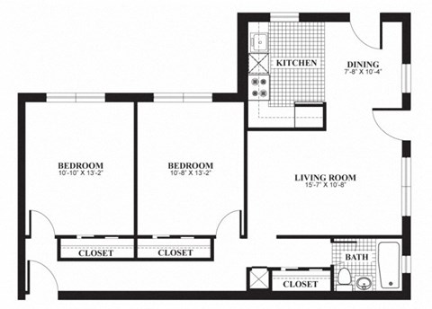 Floor plan for 2 beds, 1 bath, 805 sqft