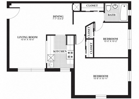 Floor plan for 2 beds, 1 bath, 805 sqft