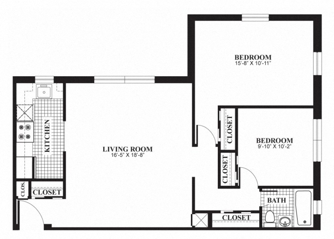 Floor plan for 2 beds, 1 bath, 844 sqft