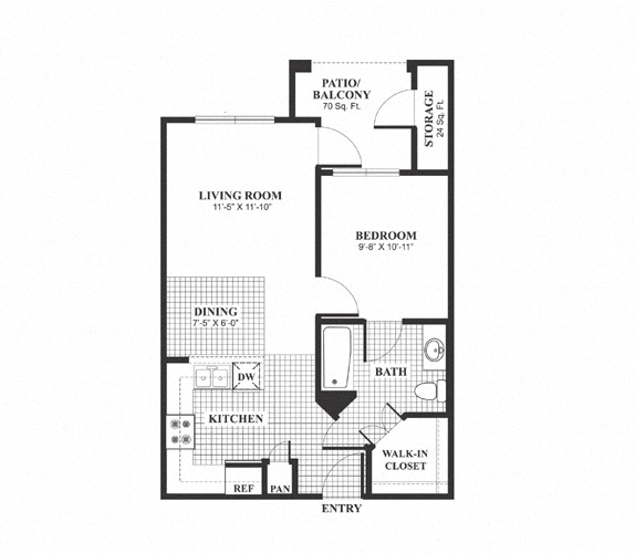 Floor plan for 1 bed, 1 bath, 598 sqft