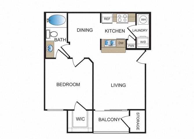 Floor plan for 1 bed, 1 bath, 654 sqft