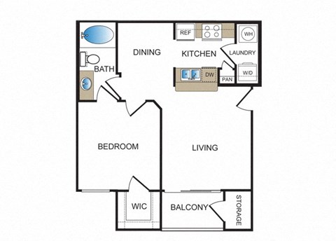 Floor plan for 1 bed, 1 bath, 654 sqft