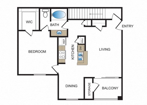 Floor plan for 1 bed, 1 bath, 838 sqft