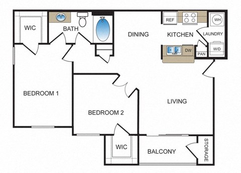 Floor plan for 2 beds, 1 bath, 921 sqft