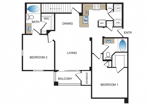 Floor plan for 2 beds, 2 baths, 1135 sqft