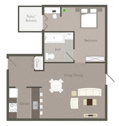 Floor plan for 1 bed, 1 bath, 1064 sqft