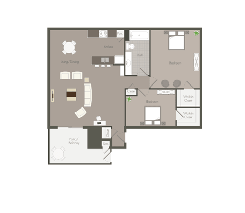 Floor plan for 2 beds, 1 bath, 1064 sqft