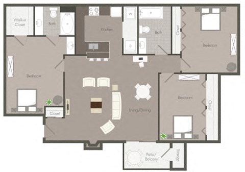 Floor plan for 3 beds, 2 baths, 1489 sqft