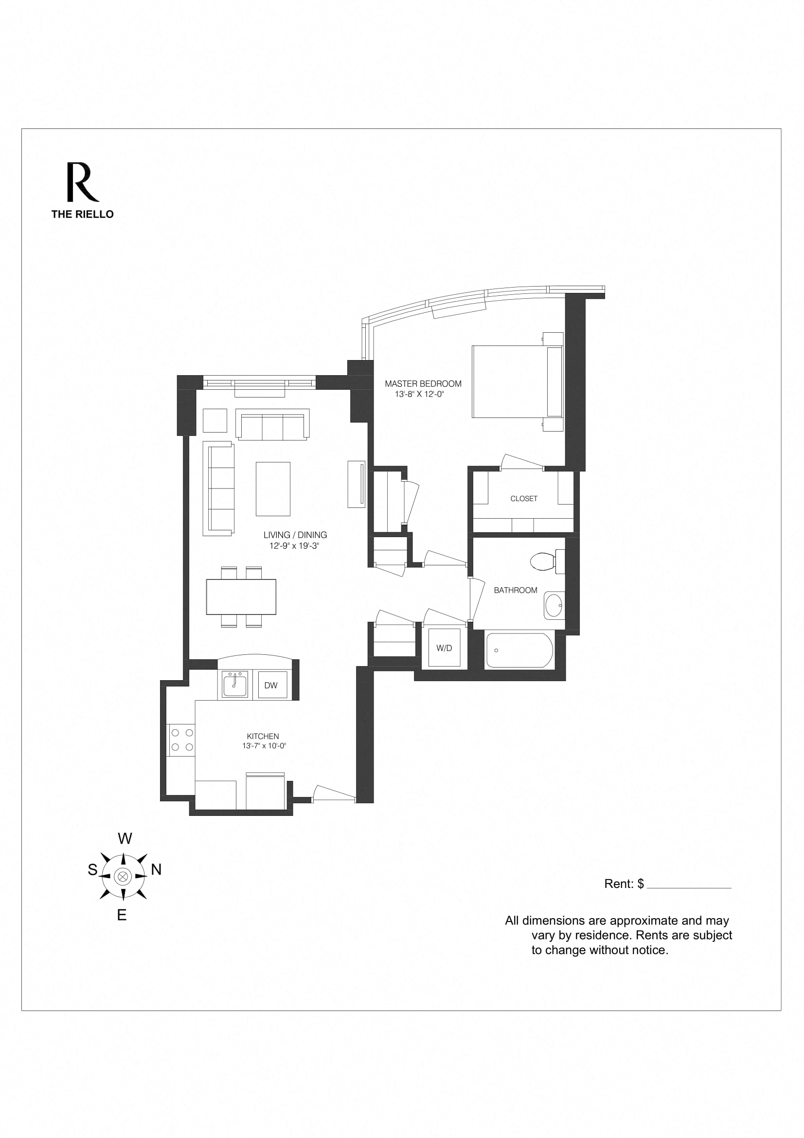 Floor plan for 1 bed, 1 bath, 780 sqft