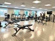 Roseland triplex for rent - A fitness center with cardio and weight equipment, hardwood-style flooring, a TV, and four large windows.