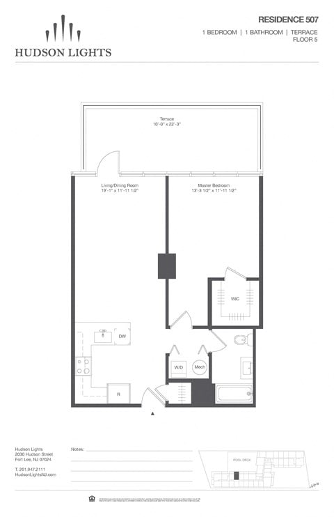 Floor plan for 1 bed, 1 bath, 760 sqft