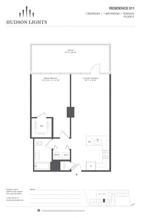 Floor plan for 1 bed, 1 bath, 760 sqft