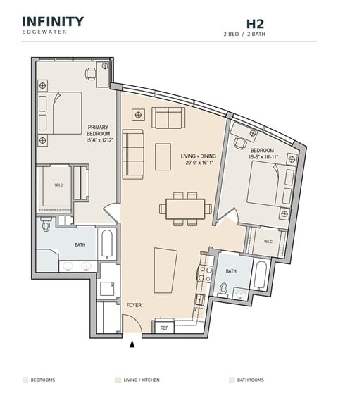 Floor plan for 2 beds, 2 baths, 1285 sqft