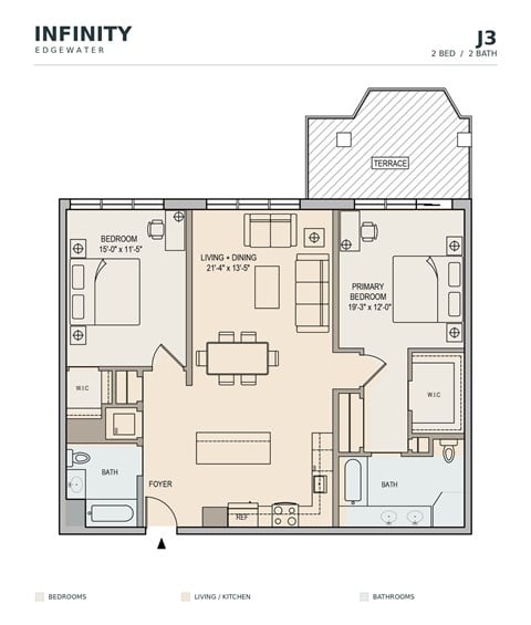 Floor plan for 2 beds, 2 baths, 1225 sqft