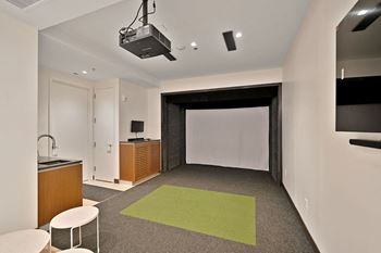 A room with a white screen and a kitchen and a green rug