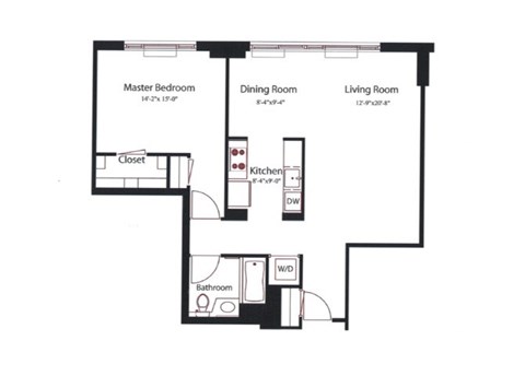 Floor plan for 1 bed, 1 bath, 870 sqft