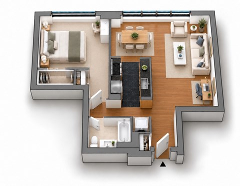 Floor plan for 1 bed, 1 bath, 870 sqft