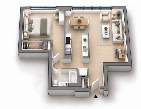 Floor plan for 1 bed, 1 bath, 870 sqft