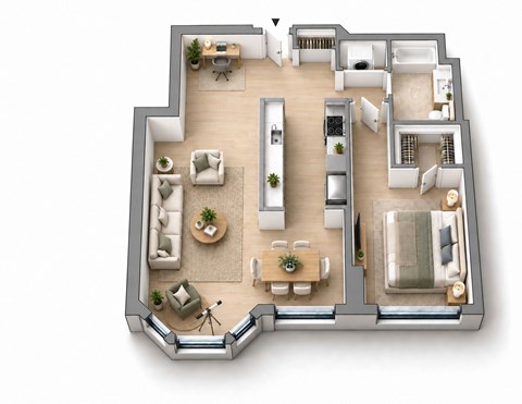 Floor plan for 1 bed, 1 bath, 980 sqft