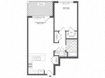 Floor plan for 1 bed, 1 bath, 848 sqft